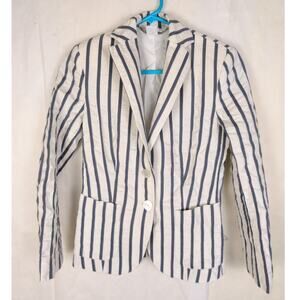 Les Copains white and navy blue striped seersucker blazer jacket Size 40 Preppy